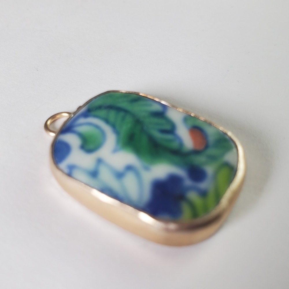 Vintage Porcelain Pottery Shard Charm Mini Pendant Blue Green Floral Paisley - Picture 3 of 10